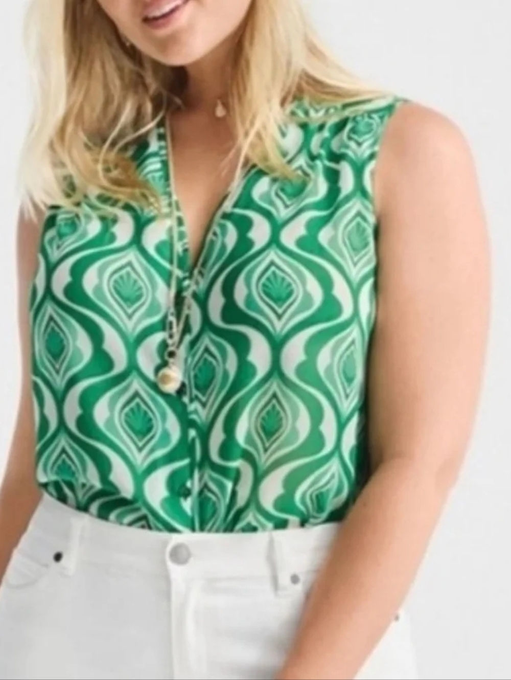 CAbi Scroll Green White Geometric Sleeveless Button-Front Camisole